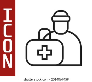 Black Line First Aid Kit Icon Isolated On White Background. Medical Box With Cross. Medical Equipment For Emergency. Healthcare Concept.  Vector