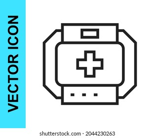 Black line First aid kit icon isolated on white background. Medical box with cross. Healthcare concept.  Vector