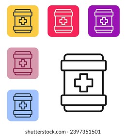 Black line First aid kit icon isolated on white background. Medical box with cross. Medical equipment for emergency. Healthcare concept. Set icons in color square buttons. Vector