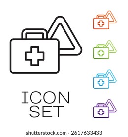 Black line First aid kit and warning triangle icon isolated on white background. Must be in the car. Set icons colorful. Vector