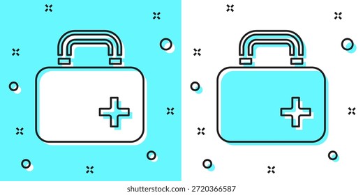 Línea negra Icono del kit de primeros auxilios aislado sobre fondo verde y blanco. Caja médica con cruz. Equipos médicos de emergencia. Concepto sanitario. Formas dinámicas aleatorias. Vector