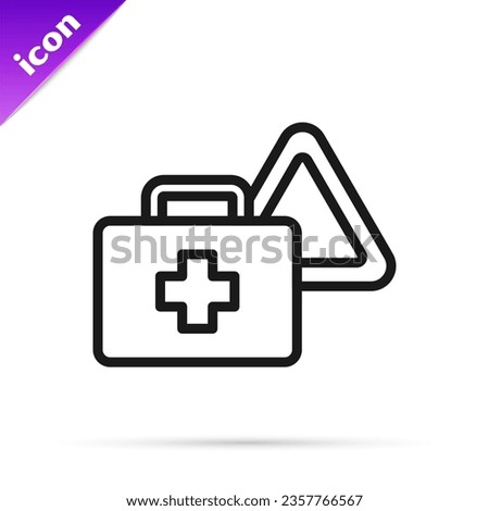 Black line First aid kit and warning triangle icon isolated on white background. Must be in the car.  Vector