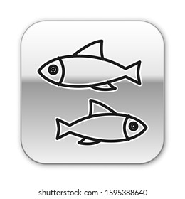 Black line Fish icon isolated on white background. Silver square button. Vector Illustration