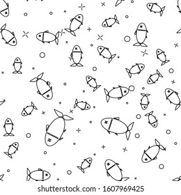 Black line Fish icon isolated seamless pattern on white background.  Vector Illustration