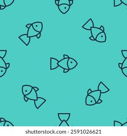 Black line Fish icon isolated seamless pattern on green background.  Vector