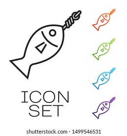 Black line Fish on hook icon isolated on white background. Set icons colorful. Vector Illustration