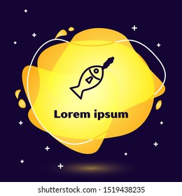 Black line Fish on hook icon isolated on dark blue background. Abstract banner with liquid shapes. Vector Illustration