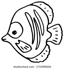 Black line fish on white isolated backdrop. Coral reef fish for invitation and gift card, tattoo parlor or pet shop logo, bath tile. Phone case or cloth print. Doodle style stock vector illustration