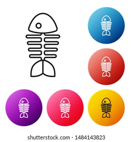 Black line Fish skeleton icon isolated on white background. Fish bone sign. Set icons colorful circle buttons. Vector Illustration