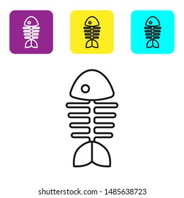 Black line Fish skeleton icon isolated on white background. Fish bone sign. Set icons colorful square buttons. Vector Illustration