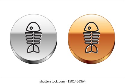 Black line Fish skeleton icon isolated on white background. Fish bone sign. Silver-gold circle button. Vector Illustration
