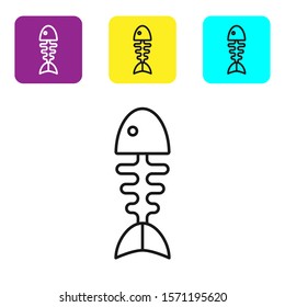 Black line Fish skeleton icon isolated on white background. Fish bone sign. Set icons colorful square buttons. Vector Illustration