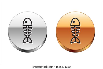 Black line Fish skeleton icon isolated on white background. Fish bone sign. Silver-gold circle button. Vector Illustration