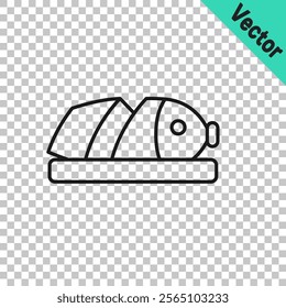 Black line Fish with sliced pieces with knife icon isolated on transparent background.  Vector