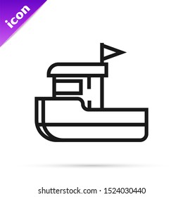 Black line Fishing boat icon isolated on white background.  Vector Illustration