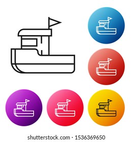 Black line Fishing boat icon isolated on white background. Set icons colorful circle buttons. Vector Illustration