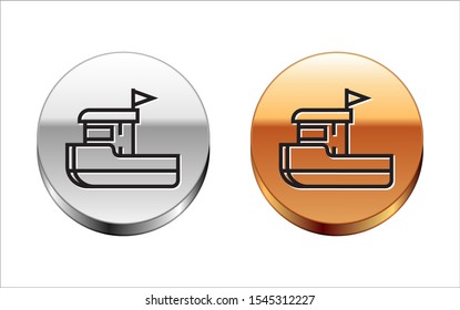 Black line Fishing boat icon isolated on white background. Silver-gold circle button. Vector Illustration