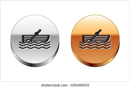 Black line Fishing boat with oars on water icon isolated on white background. Silver-gold circle button. Vector Illustration