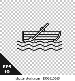 Black line Fishing boat with oars on water icon isolated on transparent background.  Vector Illustration