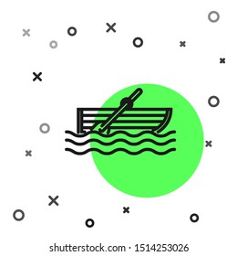 Black line Fishing boat with oars on water icon isolated on white background.  Vector Illustration