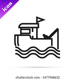 Black line Fishing boat with fishing rod on water icon isolated on white background.  Vector Illustration