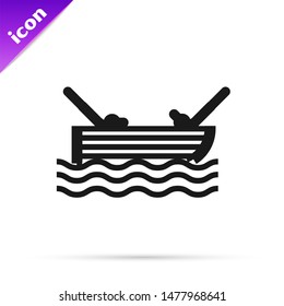 Black line Fishing boat with fishing rod on water icon isolated on white background.  Vector Illustration