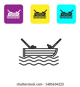 Black line Fishing boat with fishing rod on water icon isolated on white background. Set icons colorful square buttons. Vector Illustration