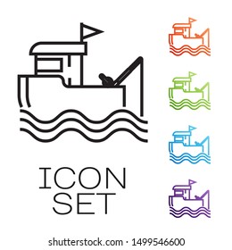 Black line Fishing boat with fishing rod on water icon isolated on white background. Set icons colorful. Vector Illustration