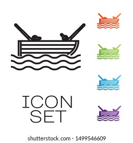 Black line Fishing boat with fishing rod on water icon isolated on white background. Set icons colorful. Vector Illustration