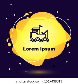 Black line Fishing boat with fishing rod on water icon isolated on dark blue background. Abstract banner with liquid shapes. Vector Illustration