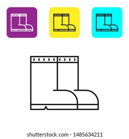 Black line Fishing boots icon isolated on white background. Waterproof rubber boot. Gumboots for rainy weather, fishing, hunter, gardening. Set icons colorful square buttons. Vector Illustration