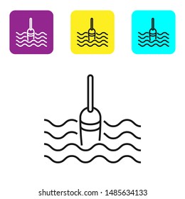 Black line Fishing float in water icon isolated on white background. Fishing tackle. Set icons colorful square buttons. Vector Illustration