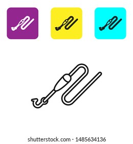 Black line Fishing line with hook and float icon isolated on white background. Fishing tackle. Set icons colorful square buttons. Vector Illustration