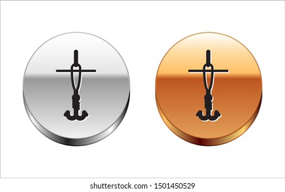 Black line Fishing hook and float icon isolated on white background. Fishing tackle. Silver-gold circle button. Vector Illustration