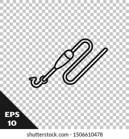 Black line Fishing line with hook and float icon isolated on transparent background. Fishing tackle.  Vector Illustration