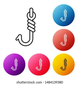 Black line Fishing hook icon isolated on white background. Fishing tackle. Set icons colorful circle buttons. Vector Illustration