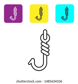 Black line Fishing hook icon isolated on white background. Fishing tackle. Set icons colorful square buttons. Vector Illustration
