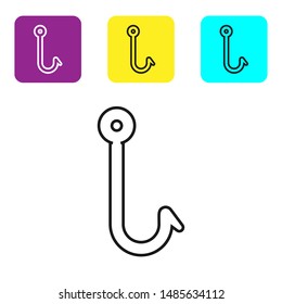 Black line Fishing hook icon isolated on white background. Fishing tackle. Set icons colorful square buttons. Vector Illustration