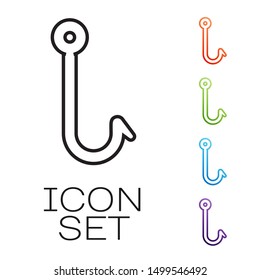 Black line Fishing hook icon isolated on white background. Fishing tackle. Set icons colorful. Vector Illustration