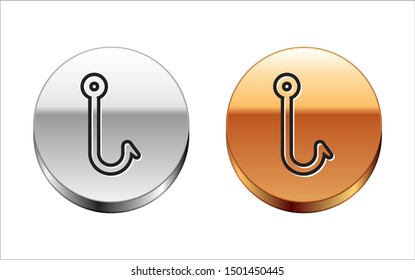 Black line Fishing hook icon isolated on white background. Fishing tackle. Silver-gold circle button. Vector Illustration