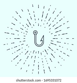 Black line Fishing hook icon isolated on grey background. Fishing tackle. Abstract circle random dots. Vector Illustration