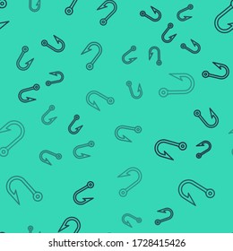 Black line Fishing hook icon isolated seamless pattern on green background. Fishing tackle. Vector Illustration