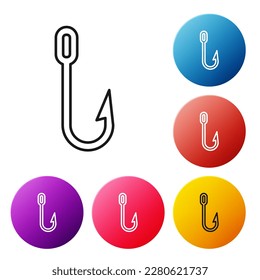 Black line Fishing hook icon isolated on white background. Fishing tackle. Set icons colorful circle buttons. Vector Illustration