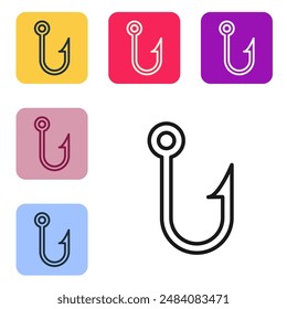 Black line Fishing hook icon isolated on white background. Fishing tackle. Set icons in color square buttons. Vector