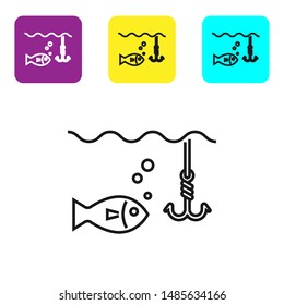 Black line Fishing hook under water with fish icon isolated on white background. Fishing tackle. Set icons colorful square buttons. Vector Illustration