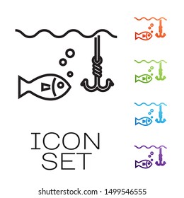 Black line Fishing hook under water with fish icon isolated on white background. Fishing tackle. Set icons colorful. Vector Illustration