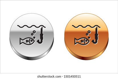 Black line Fishing hook under water with fish icon isolated on white background. Fishing tackle. Silver-gold circle button. Vector Illustration