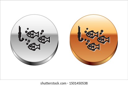 Black line Fishing hook under water with fish icon isolated on white background. Fishing tackle. Silver-gold circle button. Vector Illustration