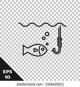 Black line Fishing hook under water with fish icon isolated on transparent background. Fishing tackle.  Vector Illustration