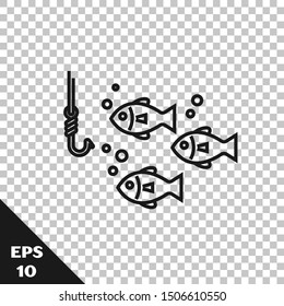 Black line Fishing hook under water with fish icon isolated on transparent background. Fishing tackle.  Vector Illustration